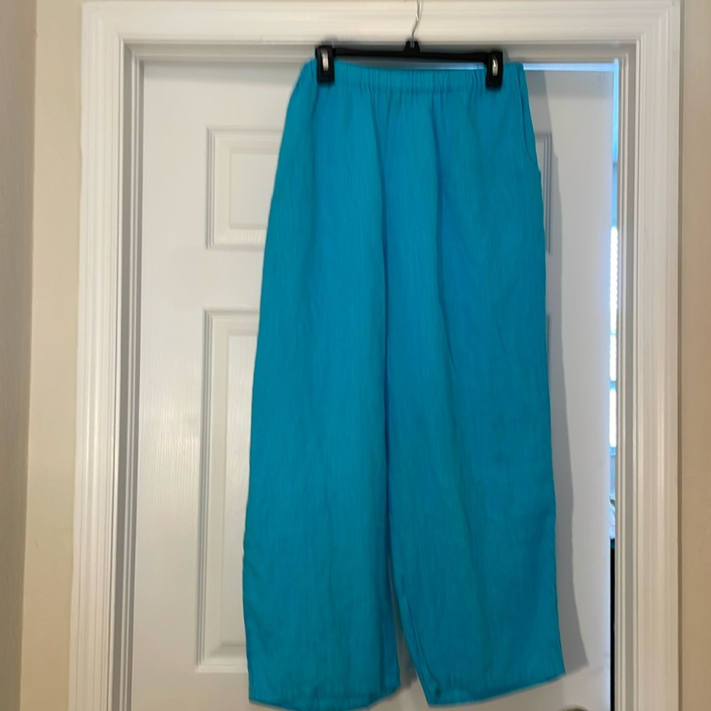FLAX Size L 100% Linen Pants in turquoise blue.Length 39” Almost New & Pockets